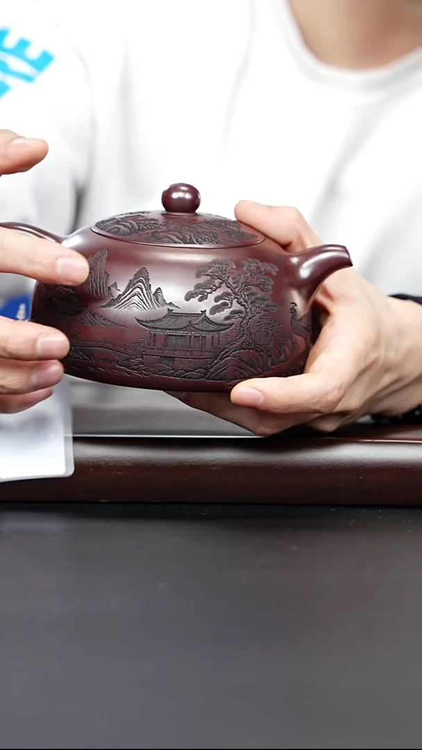 茶壶紫砂宜兴紫砂 亭台半月 铁血红砂 李恒杨 380cc