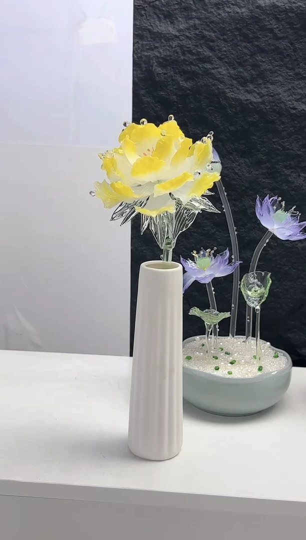 琉璃手工艺品博物馆同款牡丹花带瓶