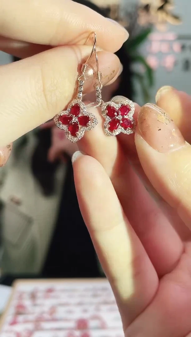 银S925镶嵌耳饰红宝石耳饰