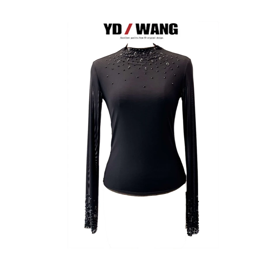【YD精选】半高领墨钻修身上衣  网纱袖时尚休闲小众款长袖外套
