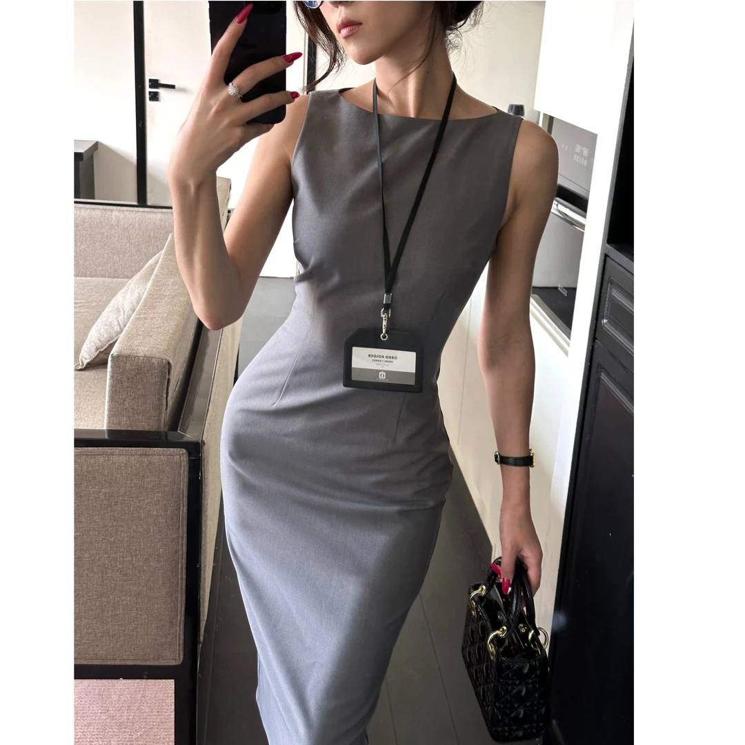 夏季职场海妖风灰色一字领中长连衣裙修身收腰裙子时尚气质显瘦