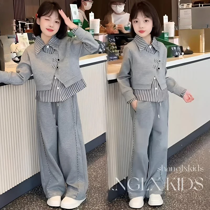 女童韩系高级感穿搭套装春装2025新款洋气时髦假两件长袖韩版儿童