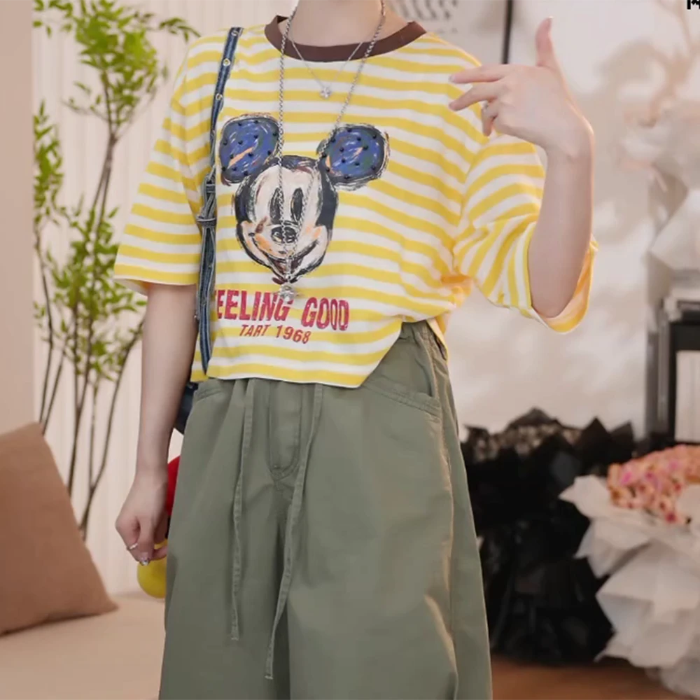 夏季新款百搭时尚黄色条纹圆领休闲宽松百搭短袖卡通印花