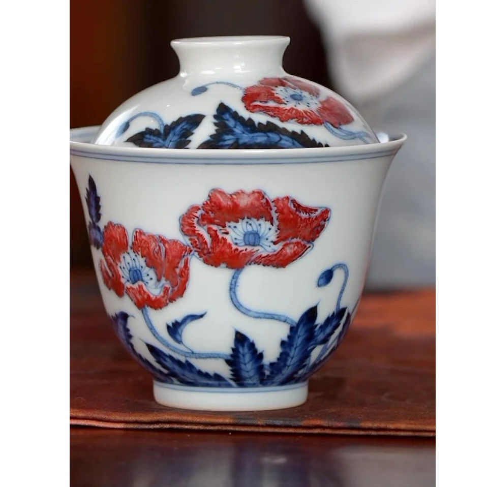 【小乔赏瓷】l林涛小馆景德镇手工手绘釉里红虞美人盖碗ltxg450.