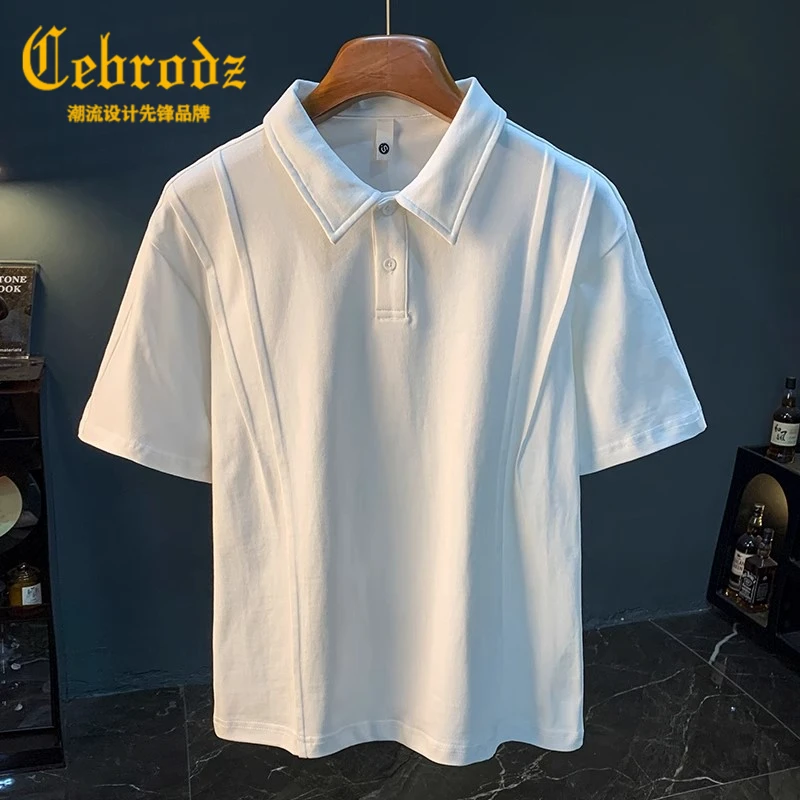 Cebrodz纯棉白色短袖T恤男士夏季简约翻领休闲体恤全棉半袖T恤
