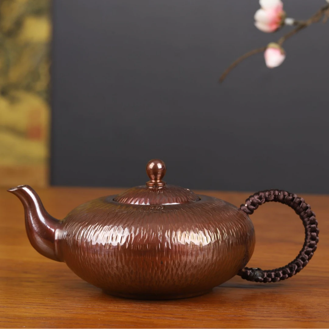 纯手工锻打紫铜扁壶日用高端茶壶煮水煮茶