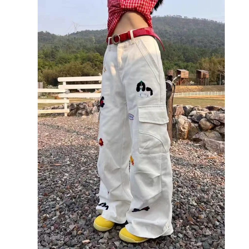 美式复古小狗植绒刺绣多口袋工装裤男女baggy宽松阔腿休闲拖地裤