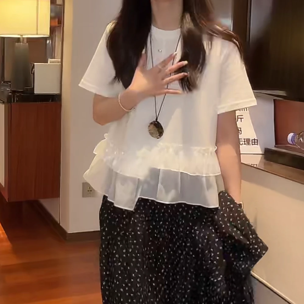 夏季拼接花边不对称设计短袖T恤女2025新款小众时尚显瘦气质上衣