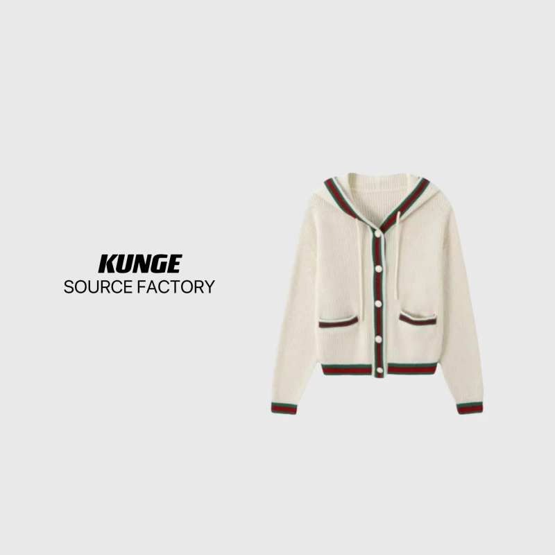 KUNGE-经典红绿拼色双口袋单排扣连帽抽绳针织毛衣外套-8468