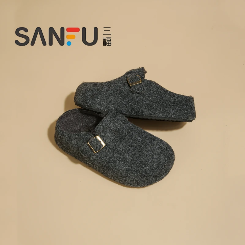三福新款加绒厚底勃肯鞋女2025秋冬季毛毛鞋棉鞋百搭懒人包头半拖