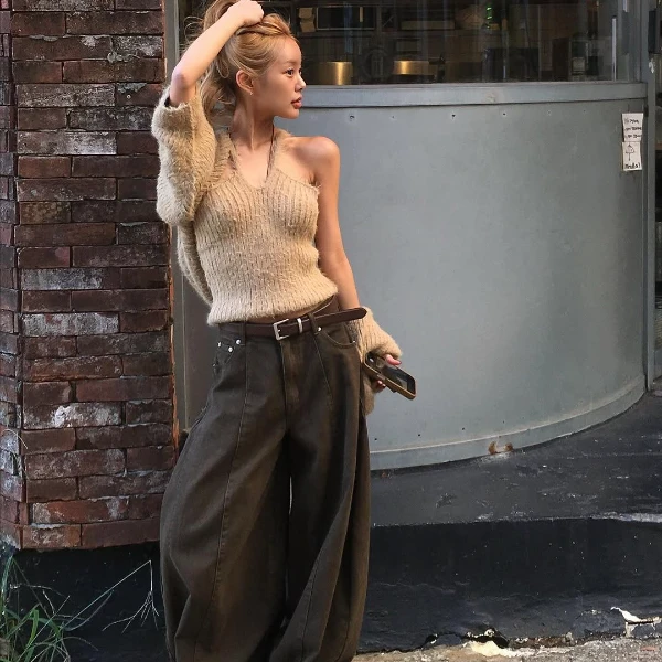 百搭毛针织开衫外套女秋冬季休闲内搭挂脖背心上衣显瘦阔腿长裤子