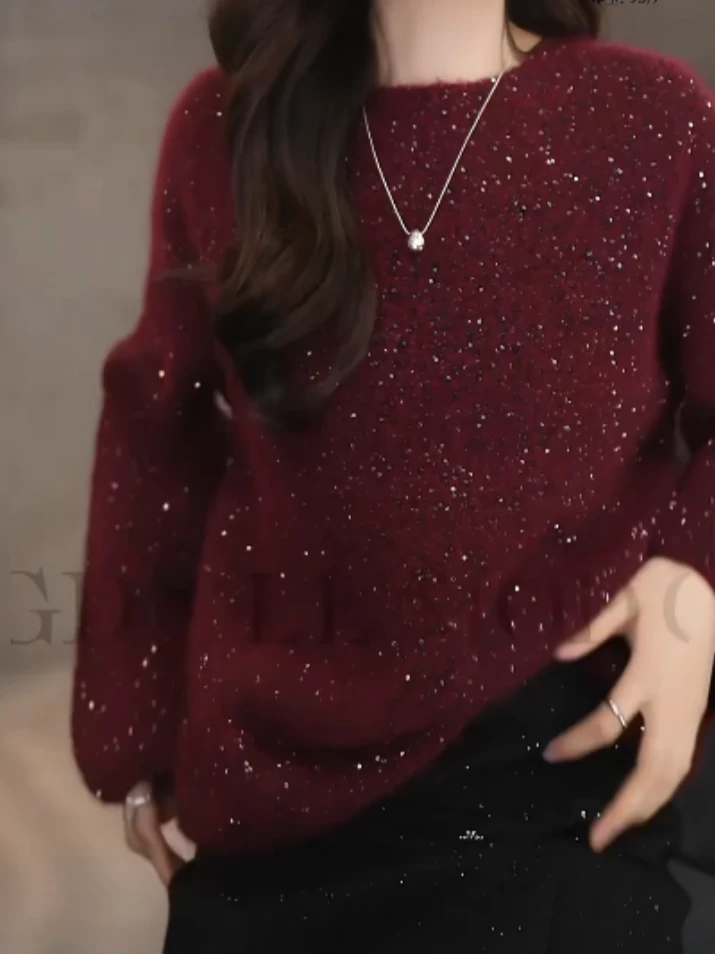 网红时尚宽松冬装新款亮闪闪百搭显瘦气质保暖套头圆领长袖毛衣女