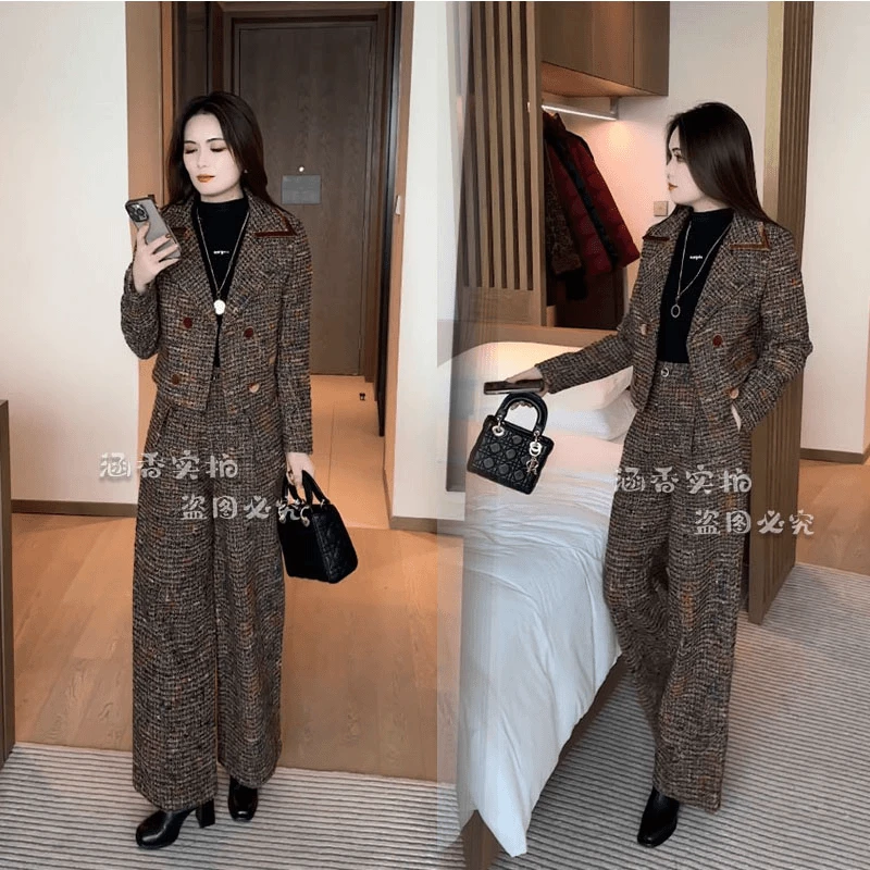 2025秋冬新款咖色夹棉时尚套装女显瘦洋气外套高腰阔腿裤两件套潮
