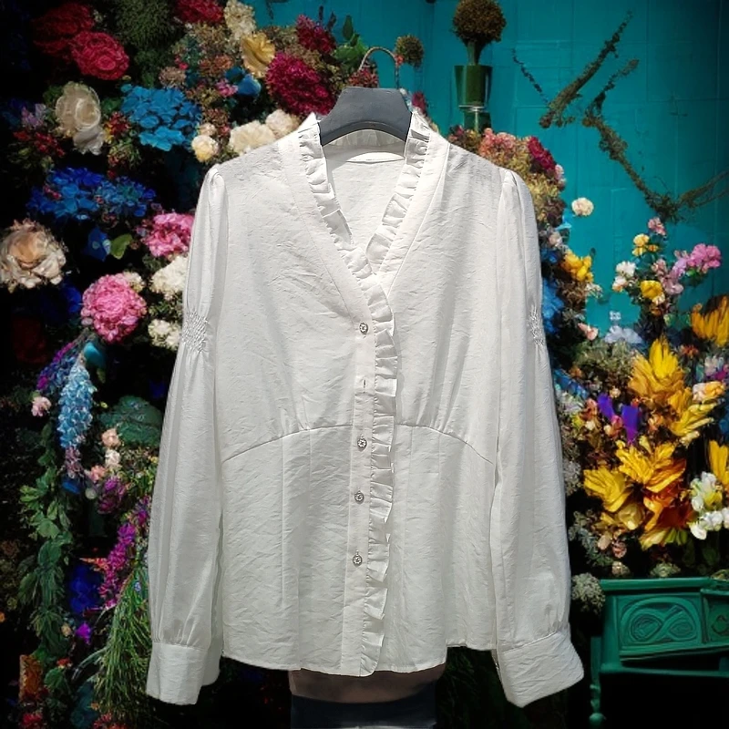 V领荷叶边褶皱衬衫气质显瘦灯笼袖百搭上衣