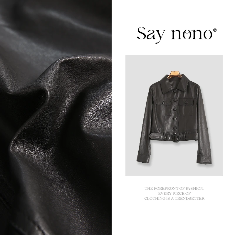 懒猫nono│Saynono 可脱卸腰带精致小短款皮衣外套/LQ82376