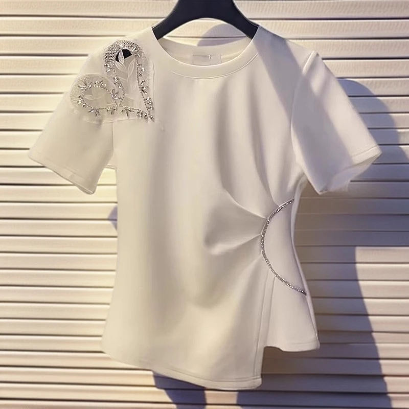 白色爱心镂空镶钻短袖t恤女夏季女装2025新款不规则气质显瘦上衣