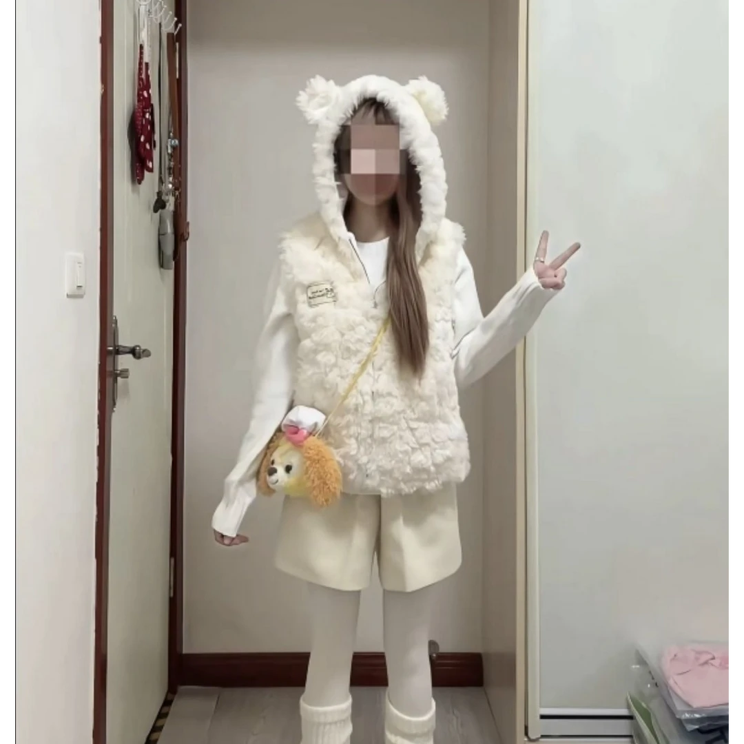 韩版小熊连帽羊羔绒马甲外套女秋季2025新款百搭气质宽松无袖马夹