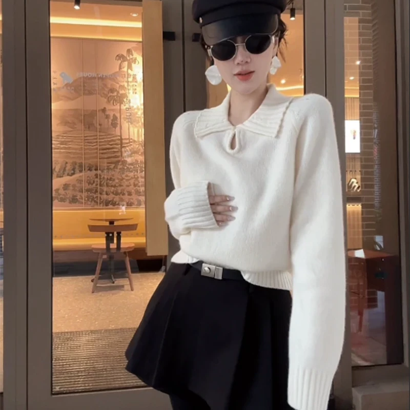 秋冬薄款常规翻领毛针织衫韩版大码短裤包臀短裤高腰百褶套装