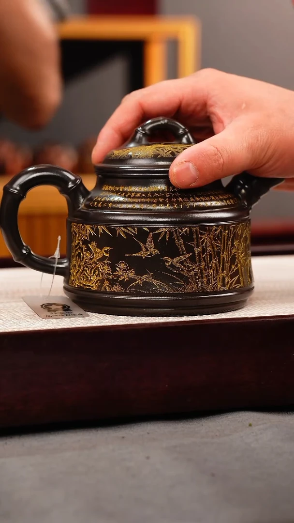 茶壶紫砂石黄 竹鼎 燕子图 描金