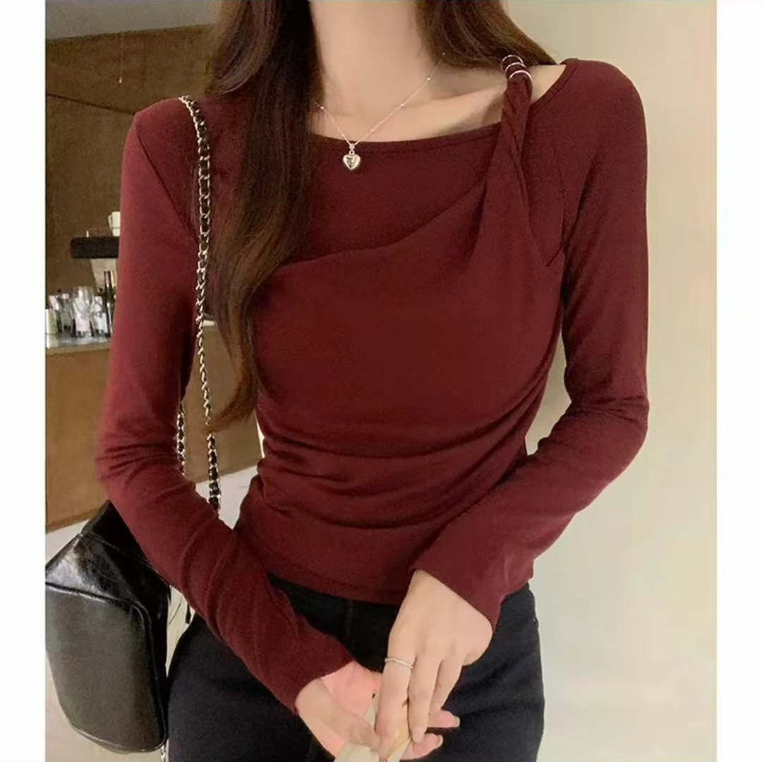 2025秋冬新款纯欲风设计感抽褶斜肩长袖打底衫气质修身显瘦上衣