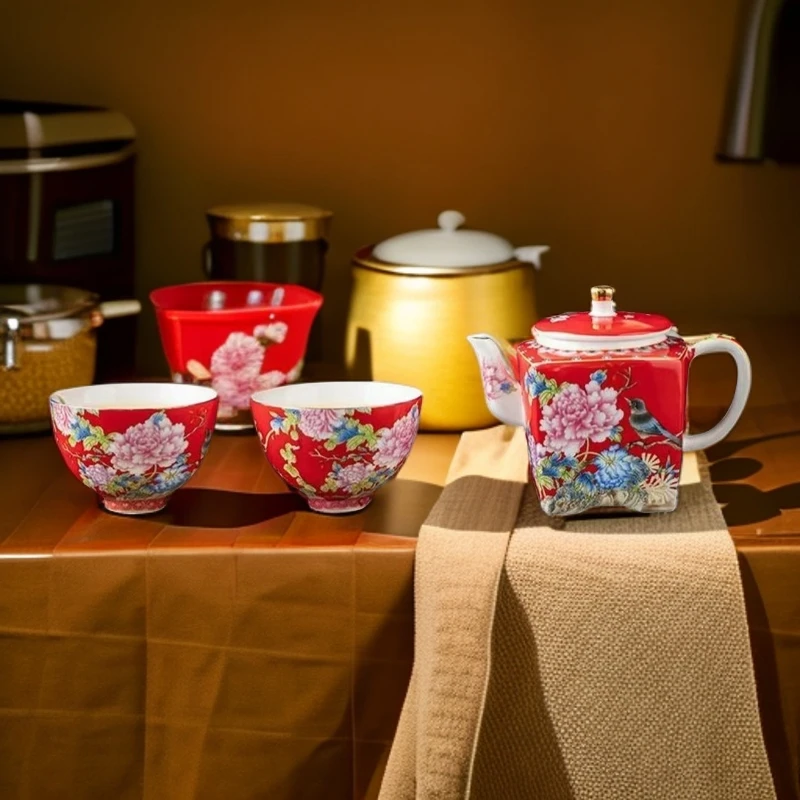 【周周严选】珐琅彩鸟语花香四方壶一壶二杯-红色(礼盒装)