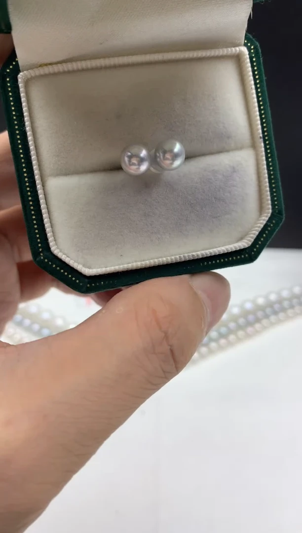 银S925镶嵌ff海水珍珠akoya灰珠耳饰6~7mm