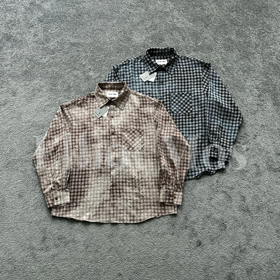Elliot Mos成衣扎染~Retro Shirt 褪色做旧撞色格纹长袖衬衫-1021