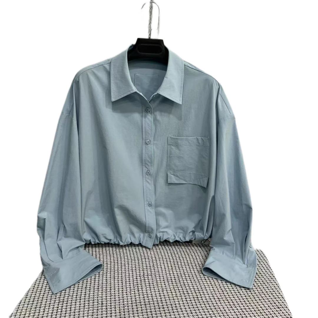 25069  女士  纯色  下摆抽绳装饰  口袋  简约  衬衫