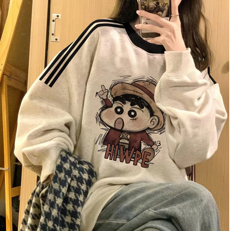 【帝韵】三条杠卡通印花女生卫衣外套女春秋宽松圆领百搭长袖上衣潮