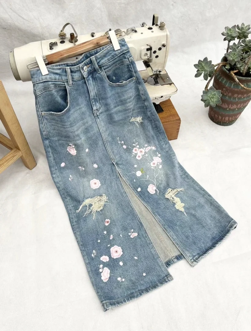 清货6677深圳南油春夏牛仔半身裙包臀裙重工刺绣短裙中长款高腰