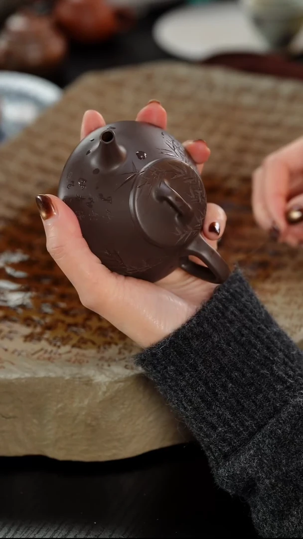 茶壶紫砂青灰段心舟石瓢刻绘150cc