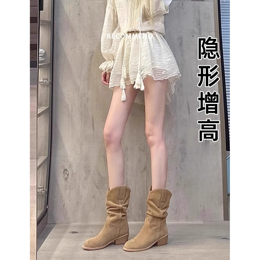 法式褶皱时尚马丁靴粗跟短靴尖头高跟西部靴显瘦配裙子堆堆靴气质