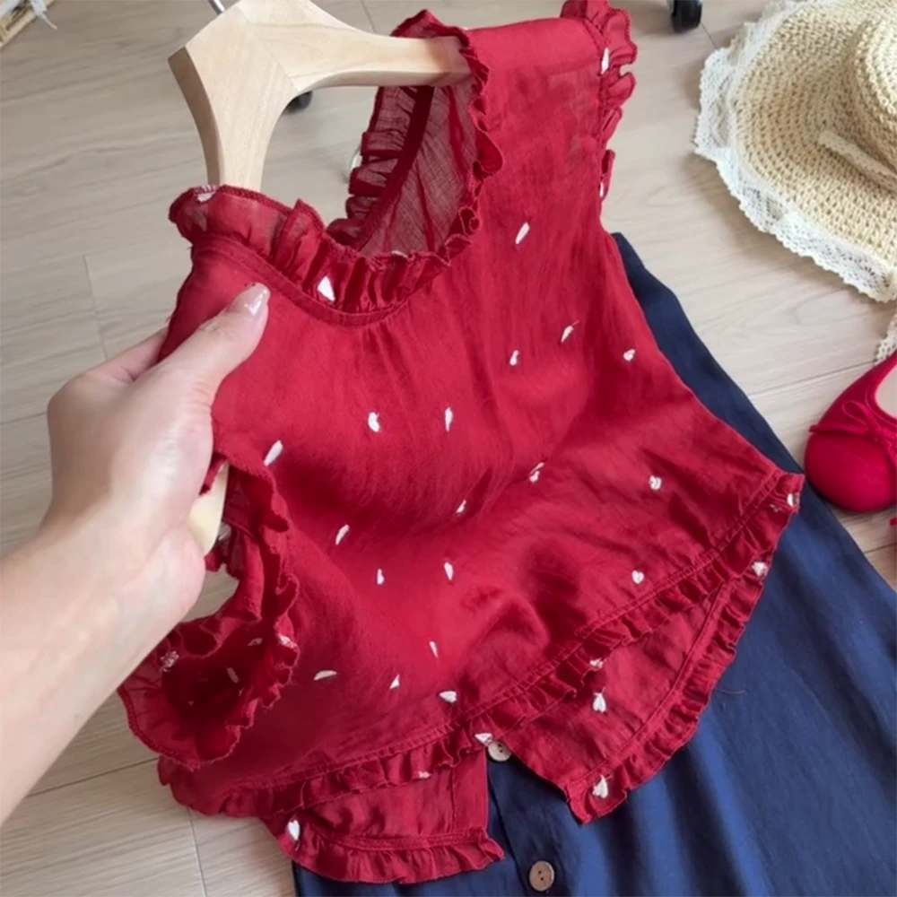 夏季木耳边文艺显瘦流行单排扣红色背心薄款上衣独特衬衫C5289