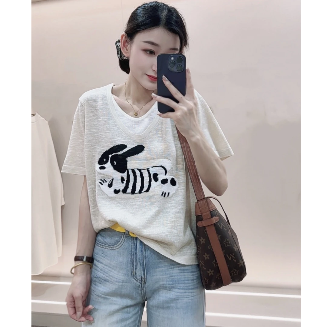 【小狗提花】夏新薄款假两件时尚短袖针织衫竹节麻上衣女休闲百搭