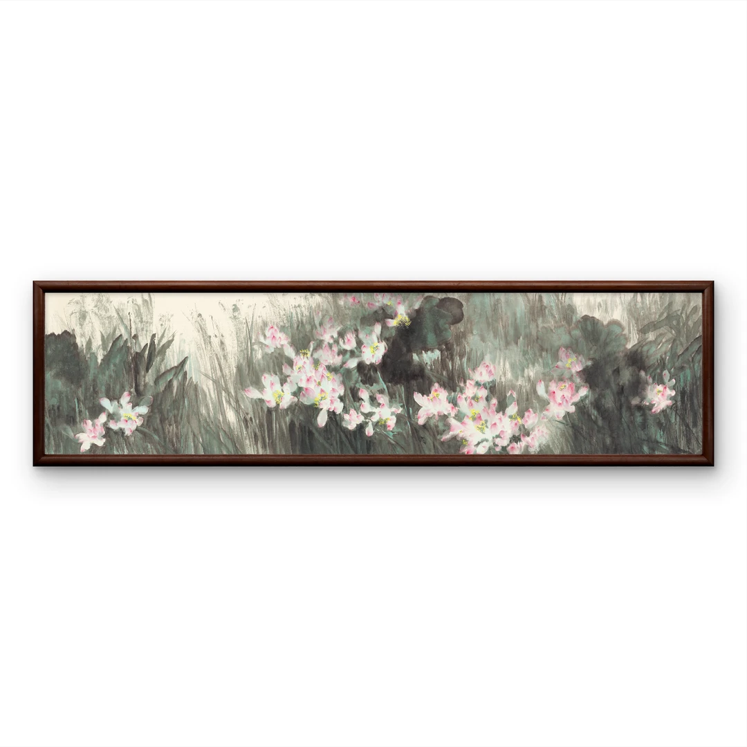 9079-40*150荷花浅中式装饰画实木玄关书房茶室客厅挂画