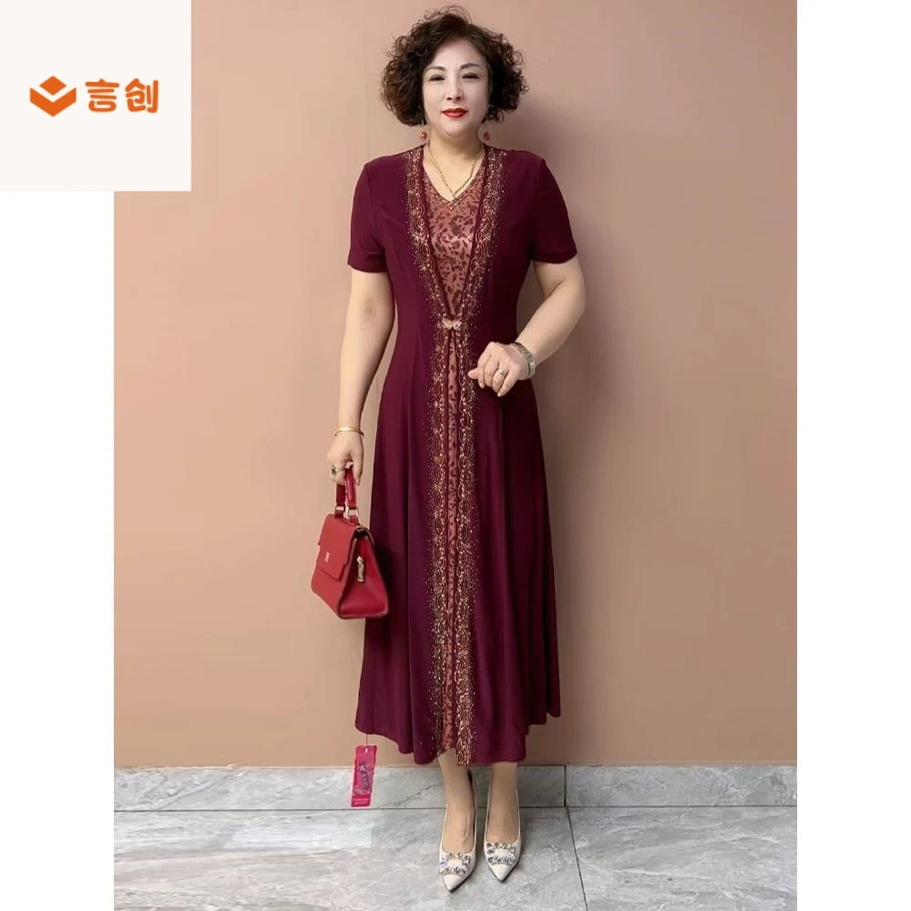 409高端夏季短袖v领大码镶钻连衣裙南韩丝弹力收腰高级感轻奢长裙