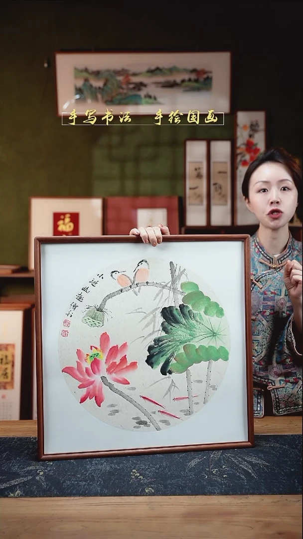 国画CL荷花-双只鸟52×52㎝手绘实木