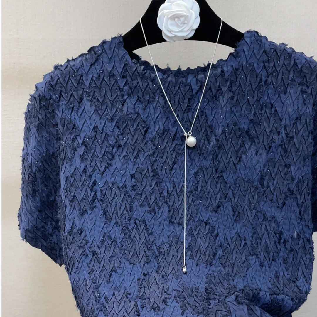 BAOER轻奢原创褶皱圆领上衣夏季百搭短袖0123洋气时尚气质蓝色