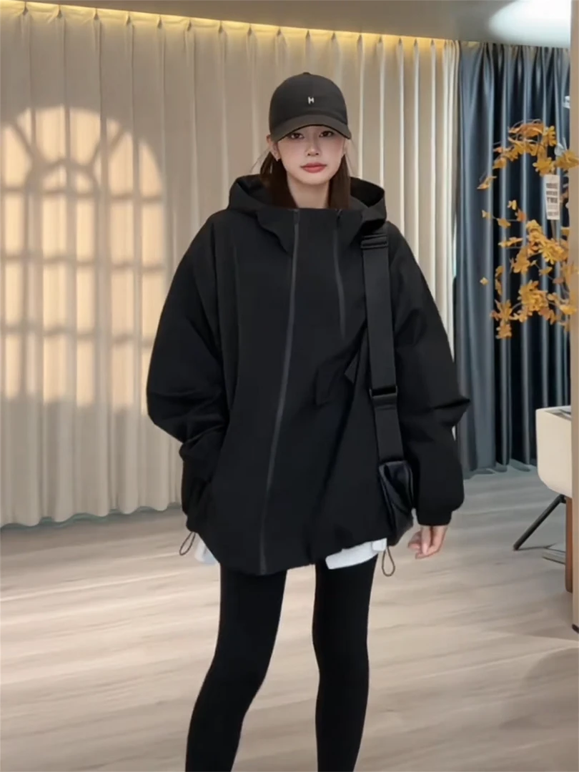 欧货夹棉冲锋衣外套女2025秋冬双拉链连帽小个子宽松夹克风衣