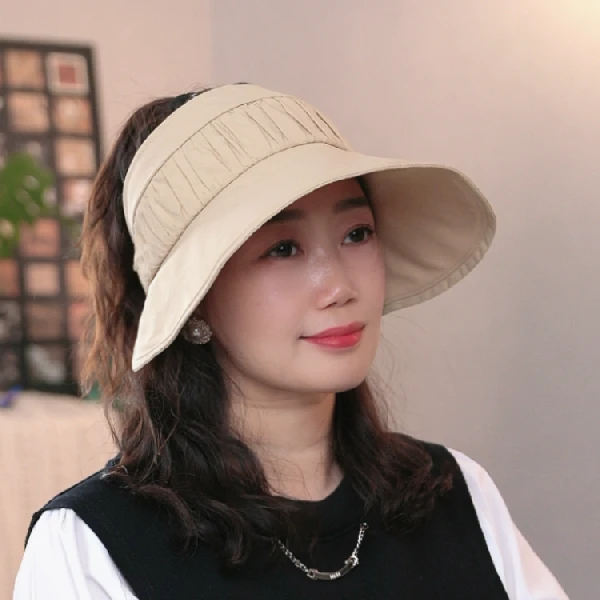 夏季新款防晒帽半包头空顶褶皱大帽檐显脸小百搭出游户外遮阳帽女