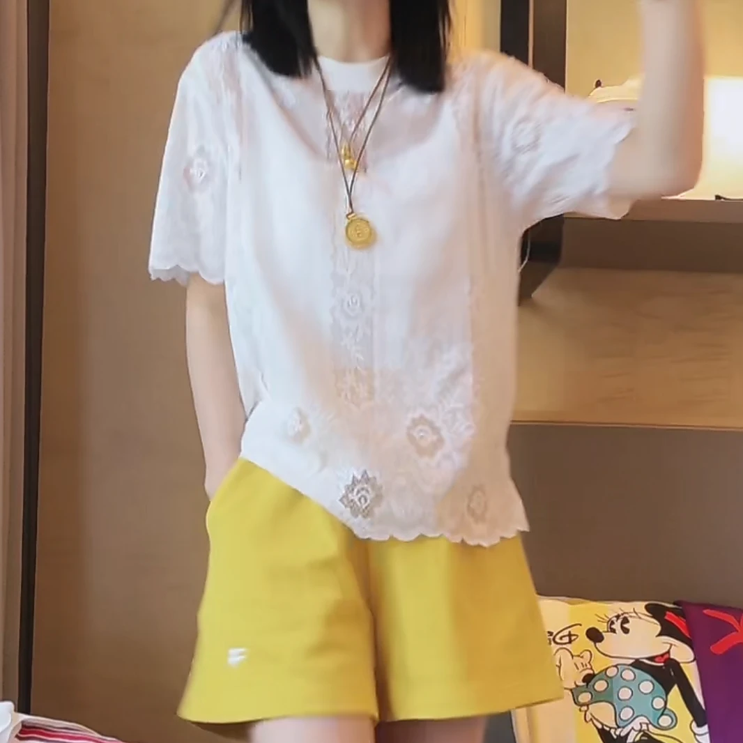 玫瑰提花镂空蕾丝短袖上衣2025春夏新款时尚气质高级感欧若风t恤