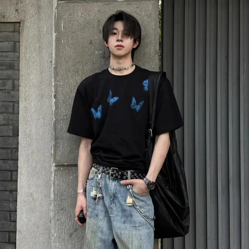【JIANGMOYAN】蝴蝶印花T恤短袖美式高街夏季重磅纯棉宽松上衣