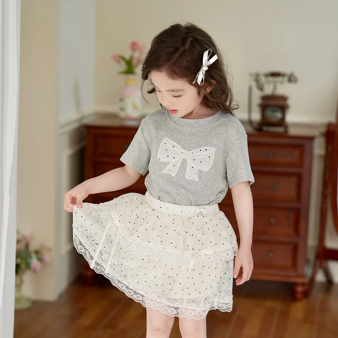 现货【波点蝴蝶结】5550女宝短袖T恤波点蕾丝半身裙两件套女童套装