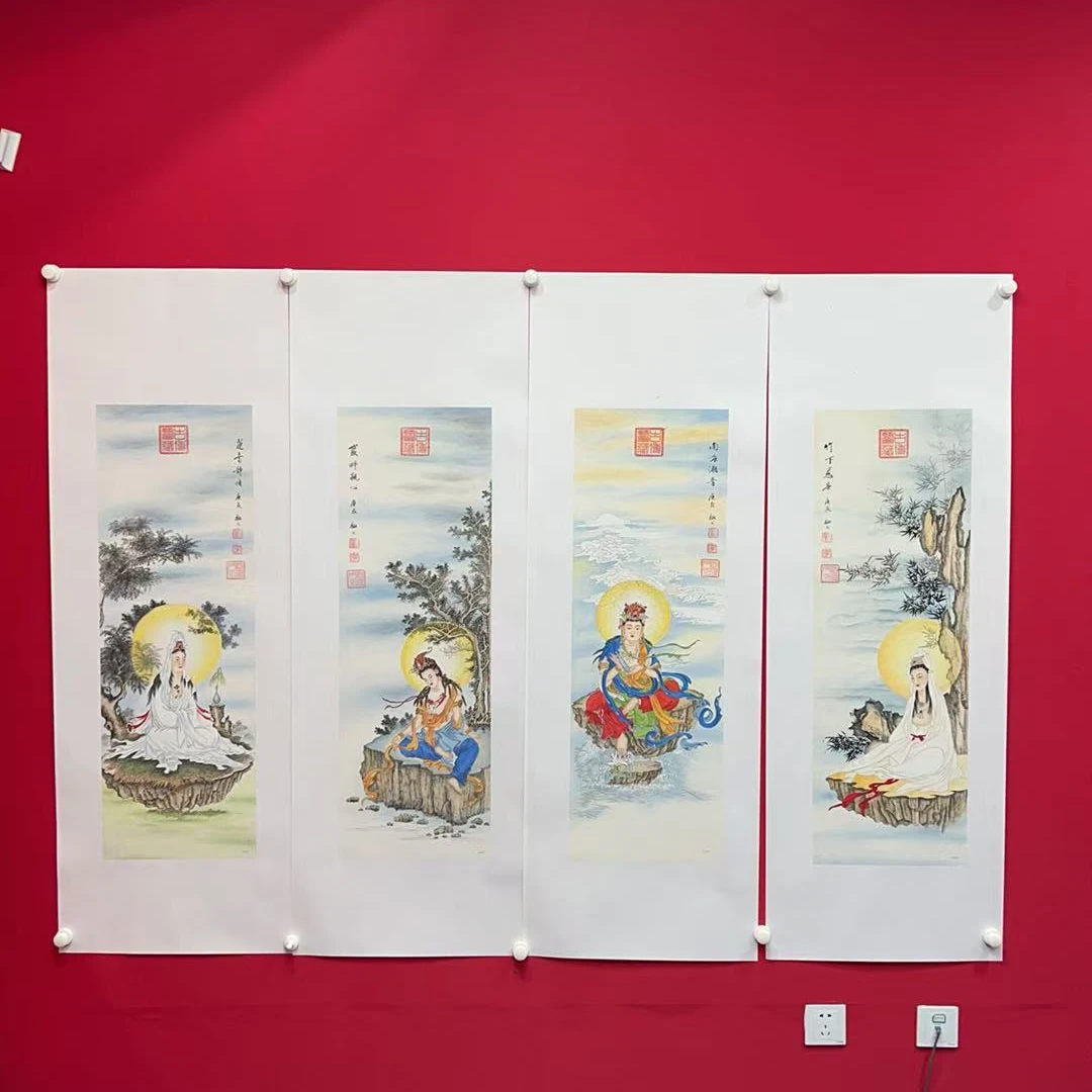 李新社-手绘宣纸南海潮音人物四条屏人物画