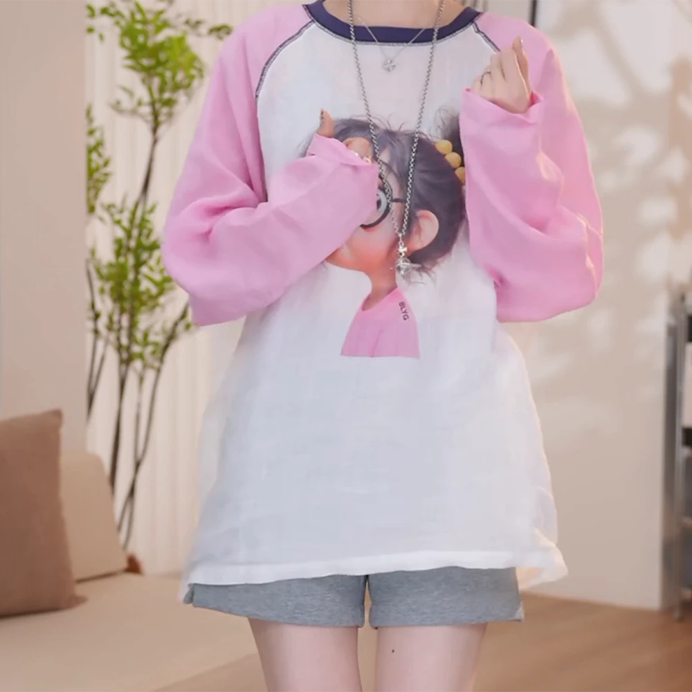 『小美女』2025春夏时尚卡通印花圆领长袖T恤百搭休闲韩版套头