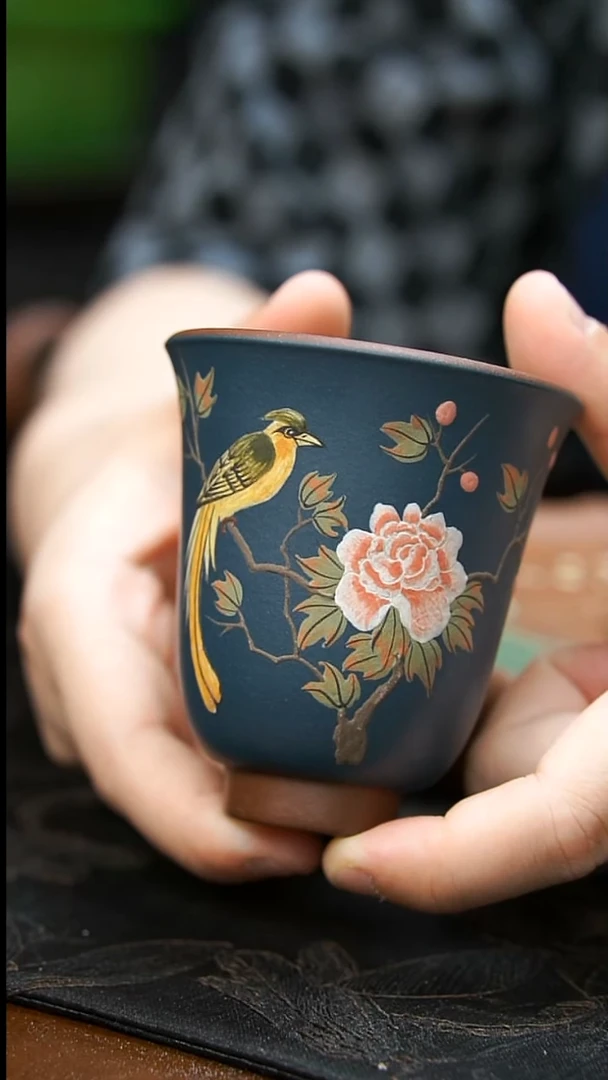 茶壶紫砂粉绿泥花鸟高杯