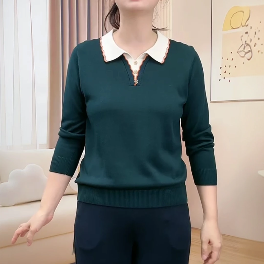 莱赛尔天丝中老年妈妈装翻领针织衫女减龄贵气气质针织衫上衣