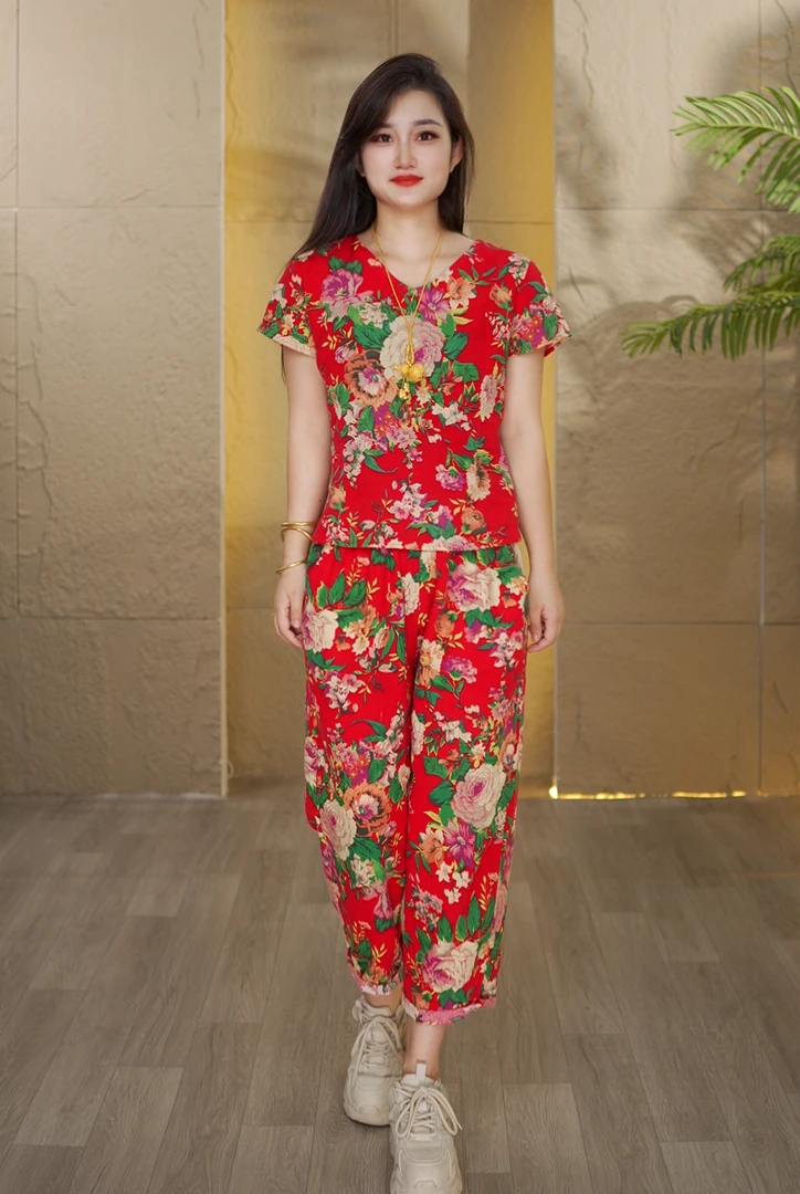 东北大花套装民族风休闲两件套装女新款简约V领短袖长裤夏装