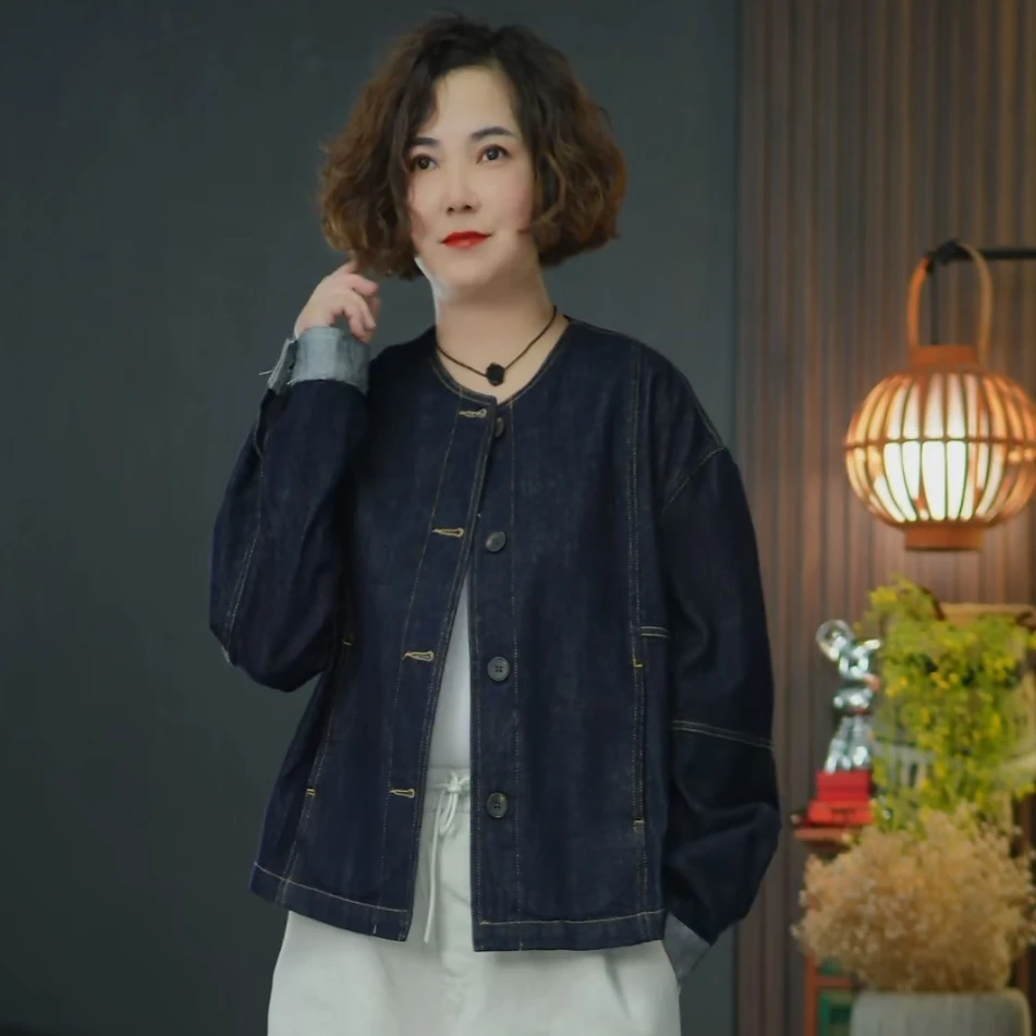 无领简约潮流翻领时尚百搭厚款短外套拼接牛仔环保染色
