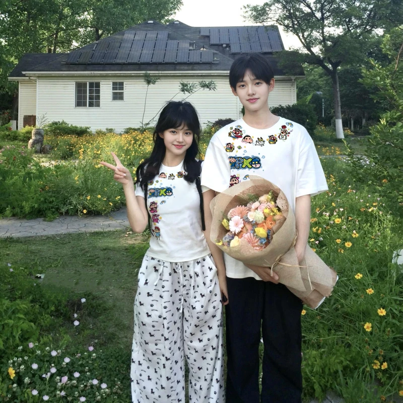 100%纯棉美式潮牌情侣款短袖t恤男女夏季休闲时尚百搭款圆领上衣